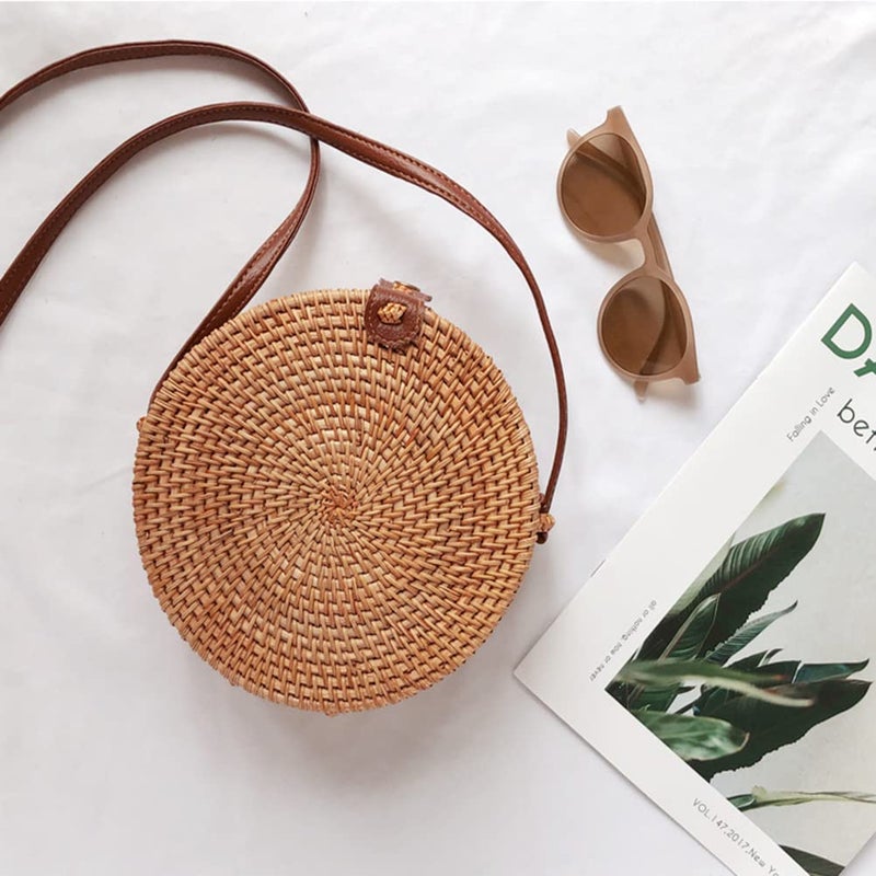 OUTLEYNY Handwoven Round Rattan Straw Beach Bag for Women â€“ Adjustable Crossbody & Shoulder Bag with Leather Strap, Boho Chic Summer Accessory - Image 5